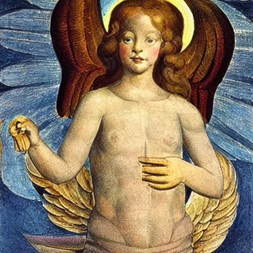 Image similar to biblical angel holding a duck, by jean deville, by william blake, oil on canvas