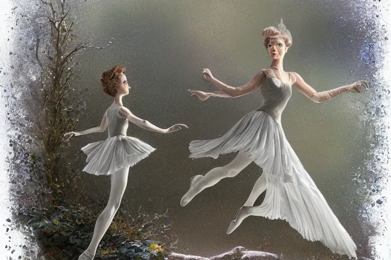 Prompt: silver ballerina, painted by keith parkinson and john giunta and tom jung and jeanbaptiste monge, trending on artstation, soft illumination tilt - shift cottagecore, futuresynth, still life, american romanticism, pointilism