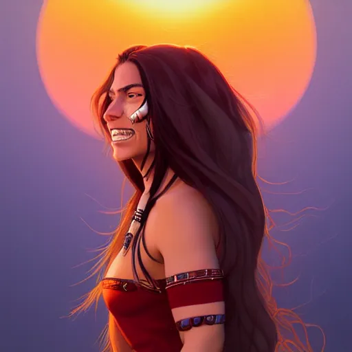 Prompt: in the style of artgerm and Andreas Rocha and Joshua Middleton, beautiful Native American young woman with long hair and red paint strip across eyes, smile on face, Symmetrical eyes symmetrical face, bead necklace, scenic prairie in background sunrise, natural lighting, warm colors