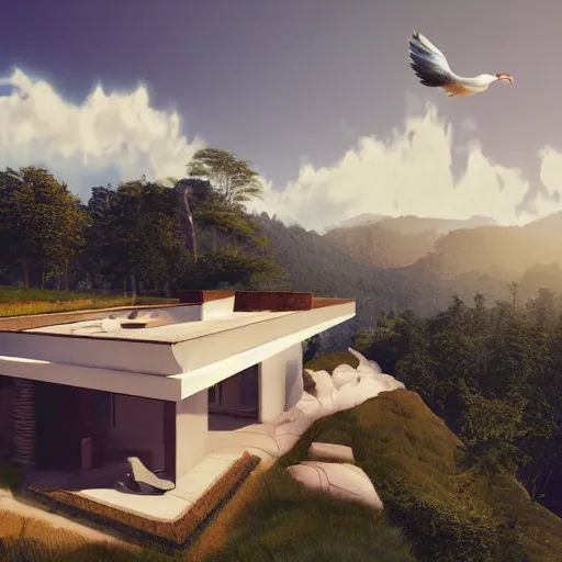 Prompt: modern villa inspired by a rooster, ultra detailed, matte painting, overlooking a valley, big trees, clouds, dramatic lighting, artstation, matte painting, raphael lacoste, simon stalenhag, frank lloyd wright, drone view