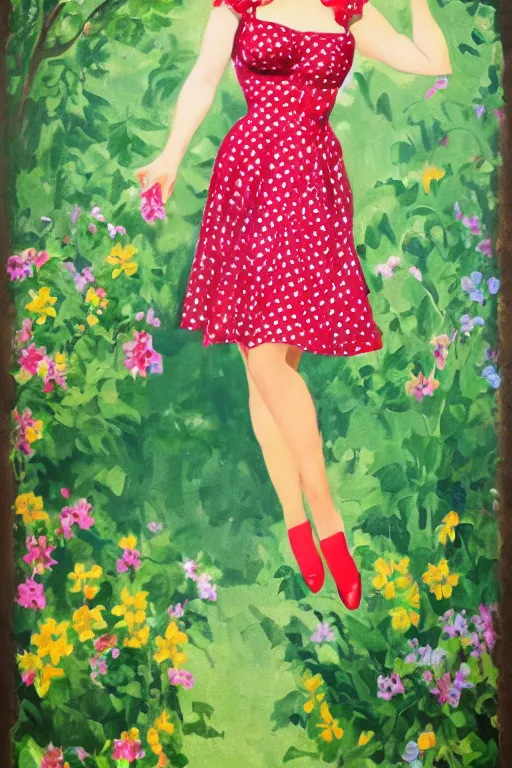 Image similar to a full view portrait of a beautifull woman, wearing a dress,with a beautifull smile,a garden background.in american style pin up.anatomically correct