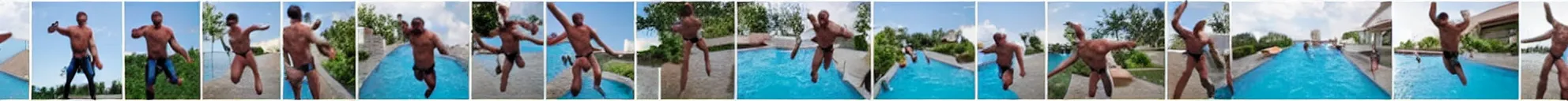 Prompt: 8 consistent frames from a video of a man jumping into a pool