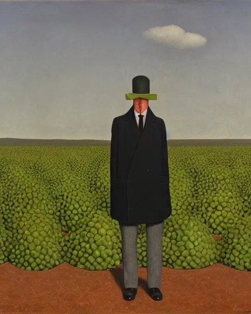 Prompt: a man with a kiwifruit covering his face, wearing a bowler hat and overcoat, standing in front of the post-apocalypse, oil on canvas, by René Magritte