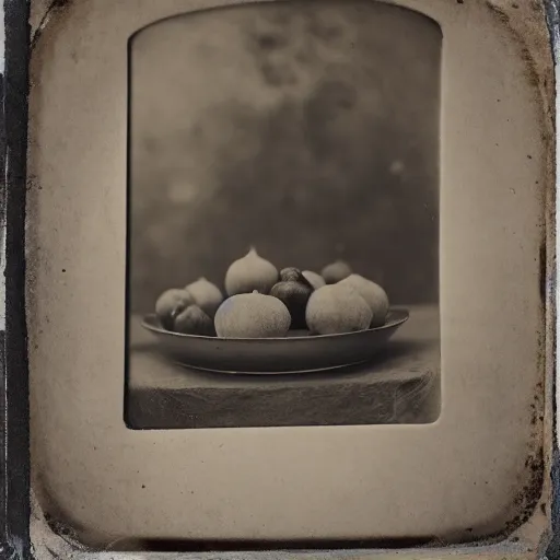 Prompt: still life with a bowl of fruit, wet plate photography, collodion, daugerrotype