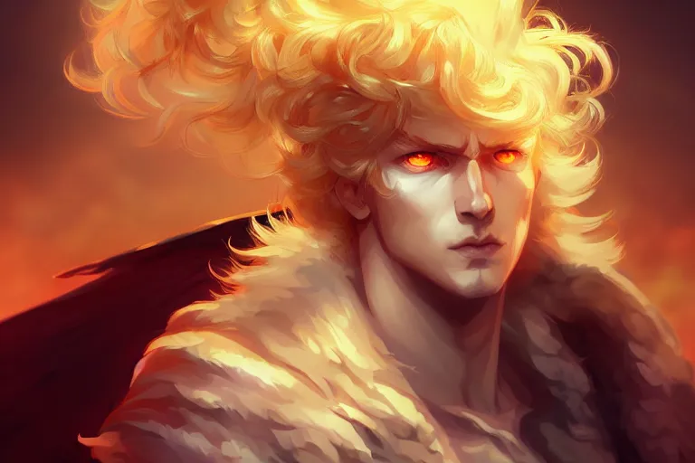 Image similar to digital art of a pale menacing Angel of Battle with fluffy blond curls of hair and piercing eyes, gilded black uniform, he commands the fiery power of resonance and wrath, by WLOP, Artstation, CGsociety