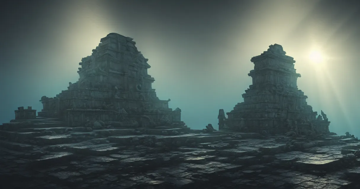 Image similar to low ultrawide shot, dark, street view, underwater statues, submerged pre - incan temple with carvings, abyss, stylized, anime style mixed with fujifilm, detailed gouache paintings, crepuscular rays, dark, murky, foggy, atmospheric, artstation, cgsociety, octane render, cgi, unreal engine 5