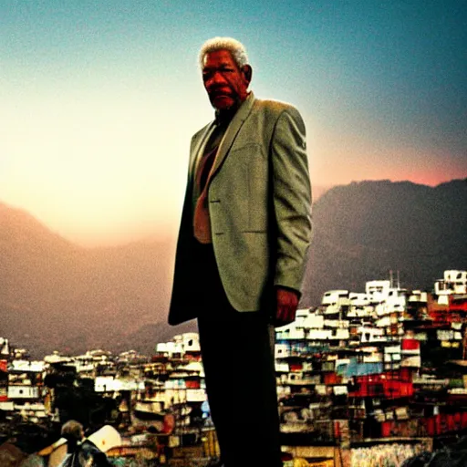 Image similar to a film still of Morgan Freeman as Hitman (2007), favela, sunset