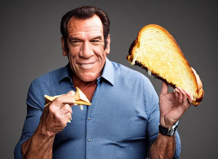 Image similar to studio portrait photo still of robert davi!!!!!!!! at age 5 3 years old 5 3 years of age!!!!!!! holding a grilled cheese, 8 k, 8 5 mm f 1. 8, studio lighting, rim light, right side key light