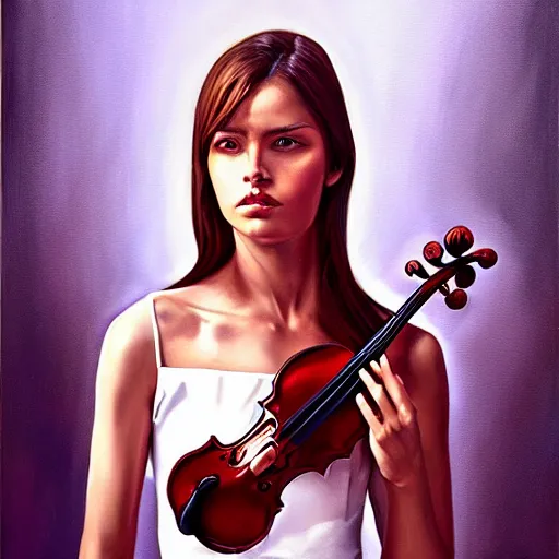 Image similar to woman violin, oil painting, artstation, dramatic lighting, symmetry, beautiful