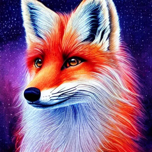 Prompt: luminescent colorful detailed airbrush painting of long haired fox