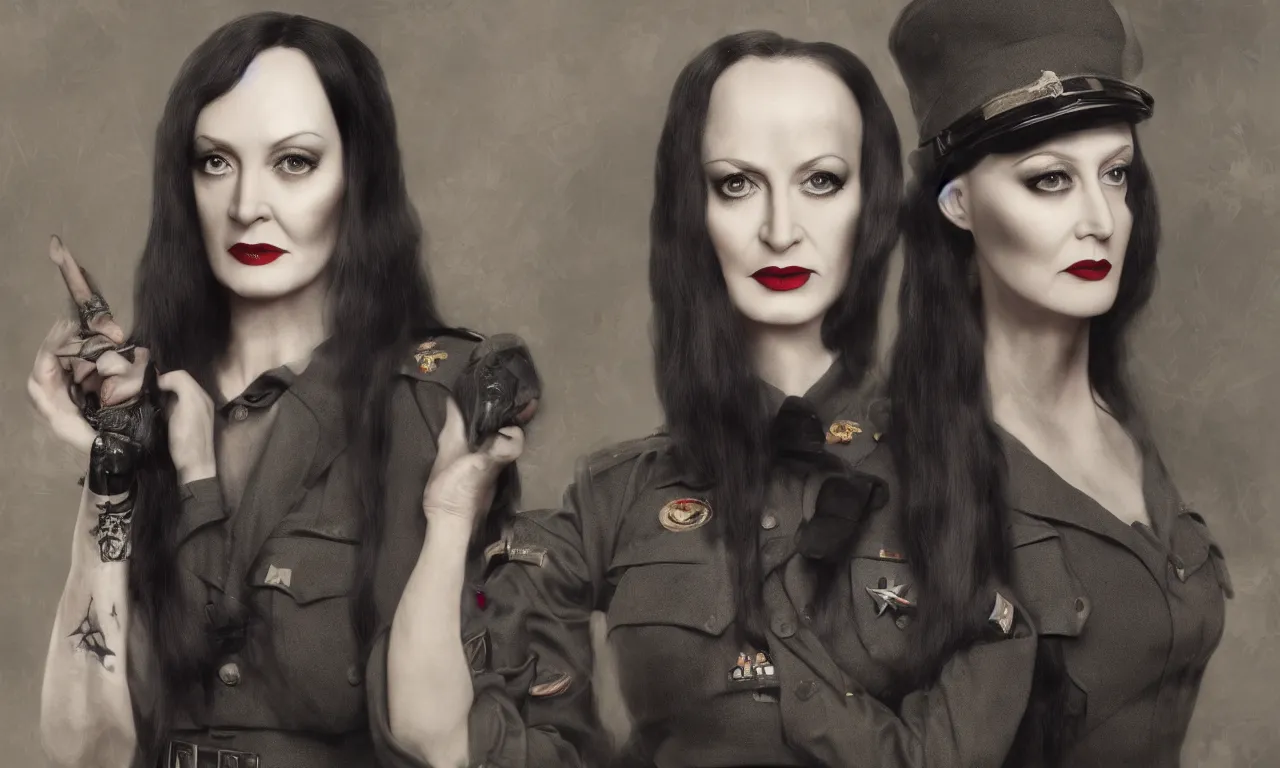 Prompt: Photograph of Morticia Addams dressed in World War One military uniform, portrait, photorealistic, hyperrealism, highly detailed, octane render, style by Richard Estes,