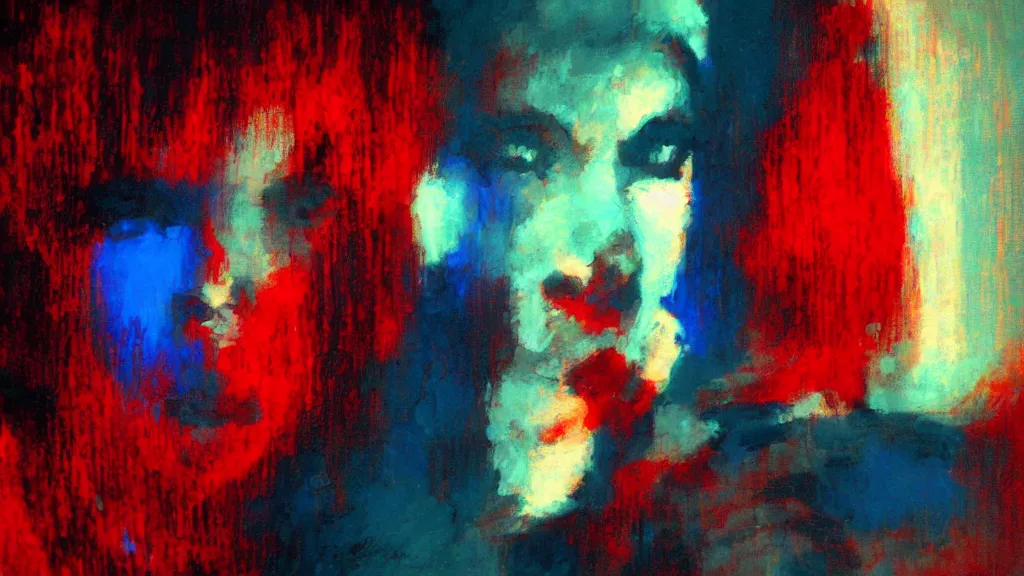 Prompt: portrait of rebekah delrio in mulholland drive, blue and red lights painted by craig mullins