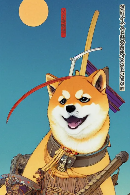 Image similar to poster of a shiba inu as a samurai, studio ghibli aesthetic, by yoichi hatakenaka, masamune shirow, josan gonzales and dan mumford, ayami kojima, takato yamamoto, barclay shaw, karol bak, yukito kishiro