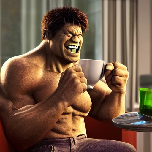 Image similar to A high definition photo of a happy and smiling incredible hulk drinking a cup of coffee on a couch in his living room, hyperdetailed, artstation, digital art, photorealism, accurate, 8k,