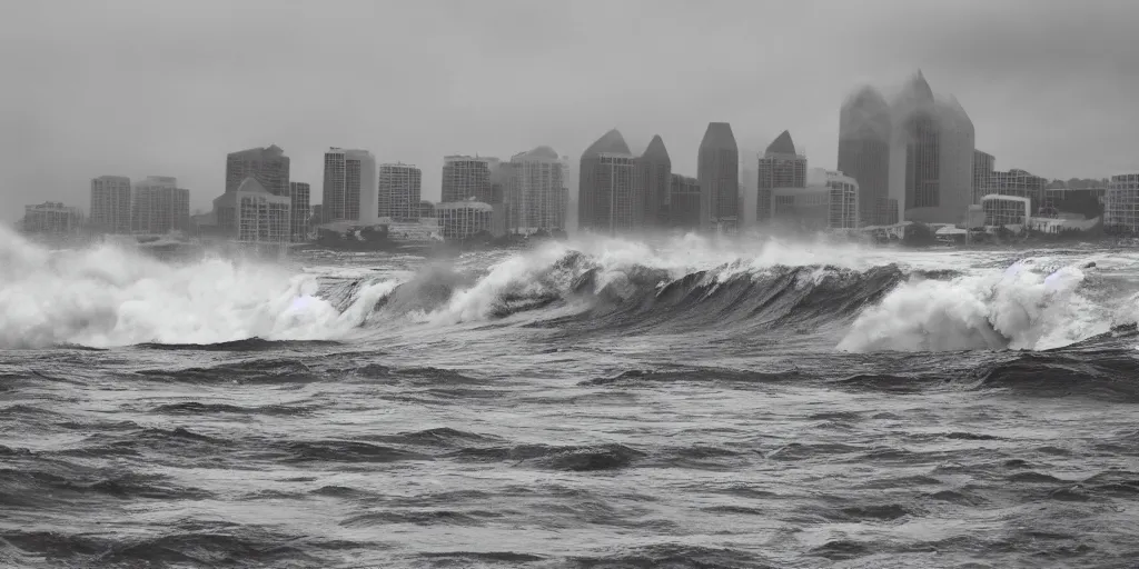 Image similar to tsunami over San Diego, Dramatic, realistic, perspective,