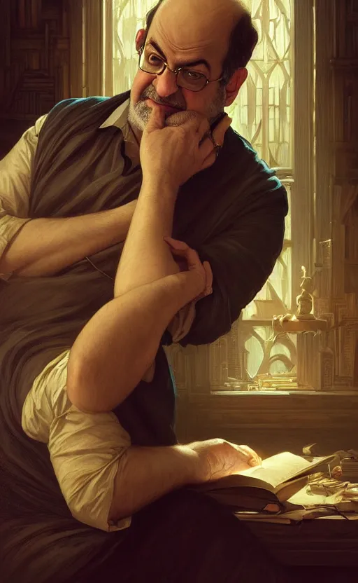 Image similar to portrait of salman rushdie writing, deep focus, d & d, fantasy, intricate, elegant, highly detailed, digital painting, artstation, concept art, matte, sharp focus, illustration, art by artgerm and greg rutkowski and alphonse mucha