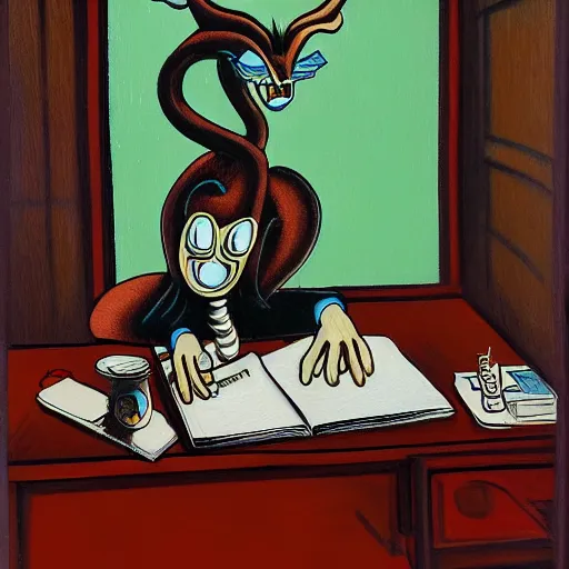 Image similar to an oil painting of an exhausted baphomet at an office desk, in the style of gary baseman, robert crumb, jim henson, expressionism