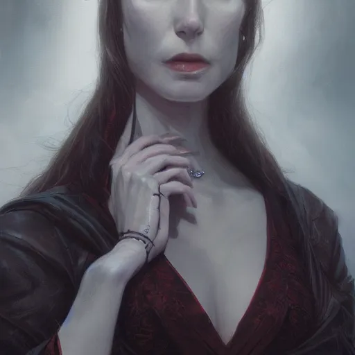 Image similar to portrait of a lady vampire, digital painting, ominous, sharp, detailed, photorealistic, high definition, 4k, artstation, donato giancola, Greg Rutkowski, matthew benedict, character design