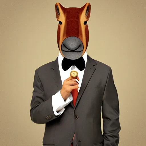 Image similar to smoking cigar, a man wearing a suit capybara head (smoking cigar)