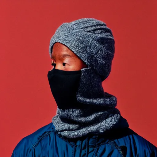 Image similar to realistic! photoshoot for a new the north face lookbook, color film photography, portrait of a beautiful woman wearing a balaclava mask, photo in style of tyler mitchell, 35mm lens