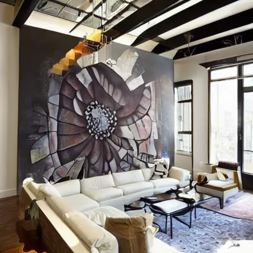 Image similar to mural on the wall of a contemporary loft, gorgeous architecture, popular interior design style