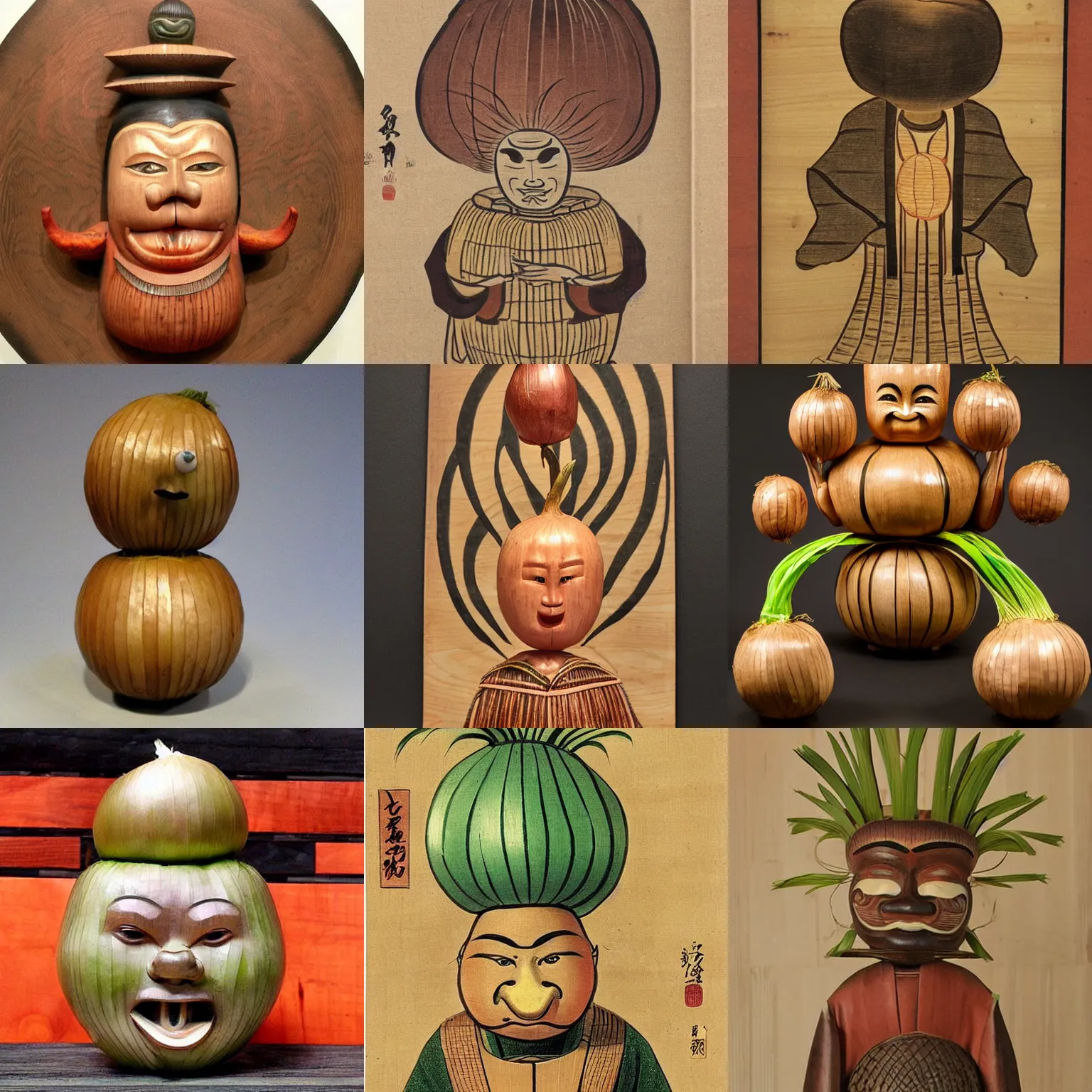 Prompt: onion man, edo period japanese wood art, human onion hybrid, surrounded by onions