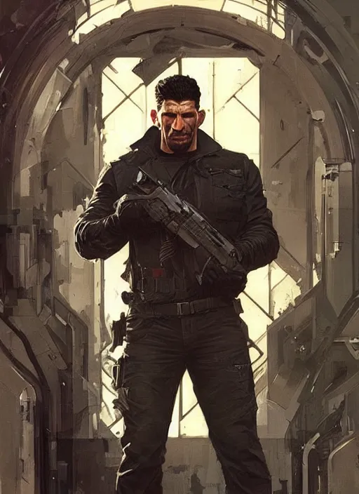 Image similar to jon bernthal as the punisher, painting by artgerm and greg rutkowski and alphonse mucha