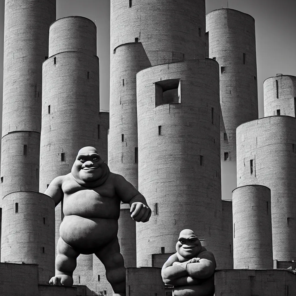 Image similar to giant shrek standing between two big soviet brutalist architekture chimneys, black and white, history channel, very detailed, 4 k, professional photography