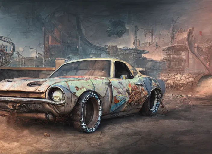 Prompt: realistically detailed concept art real pastel painting of a real gaspunk muscle car in full intricate detail, ultra detailed, realistic digital art, octane render, 4K, dystopian, micro details