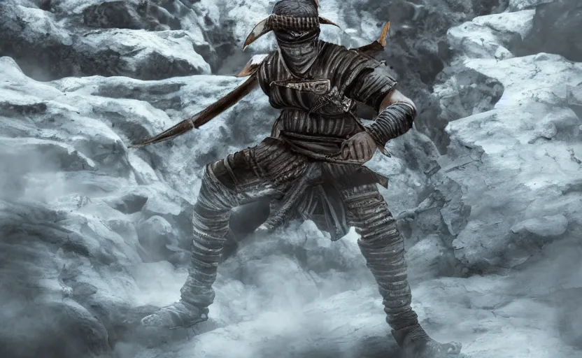 Image similar to highly detailed digital illustration of ninja shinobi in the white puddle in old, ruined, japanese village from sengoku period, surrounded by the white desert, with dark rocks, cinematic lighting, photobash, raytracing, volumetric lighting