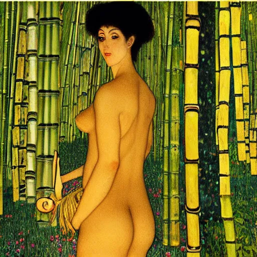 Prompt: fantasy art concept art beautiful lighting of a woman in a bamboo forest by klimt