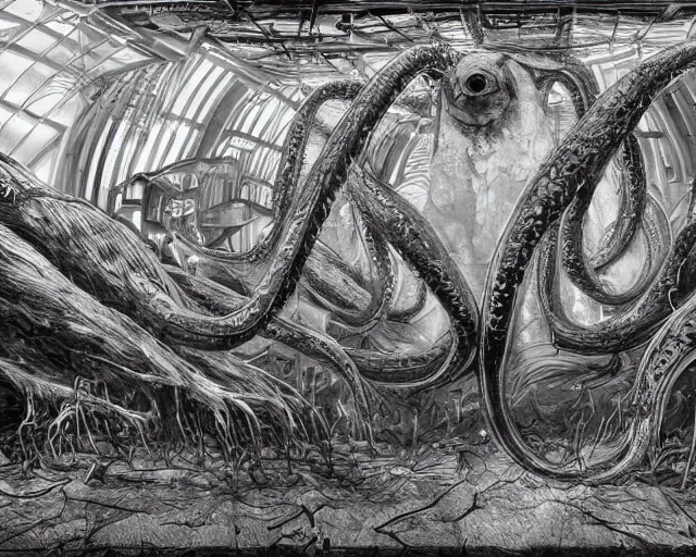 Prompt: camera footage of a extremely aggressive Giant mutated Octopus with glowing white eyes, Human Features, Light Lure, in an abandoned shopping mall, Psychic Mind flayer, Terrifying, Silhouette :7 , high exposure, dark, monochrome, camera, grainy, CCTV, security camera footage, timestamp, zoomed in, Feral, fish-eye lens, Fast, Radiation Mutated, Nightmare Fuel, Ancient Evil, Bite, Motion Blur, horrifying, lunging at camera :4 bloody dead body, blood on floors, windows and walls :5