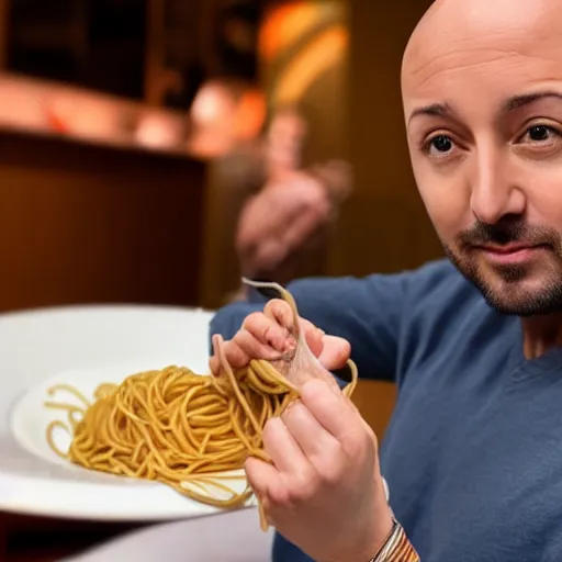 Prompt: joe bastianich eating spaghetti from his nose