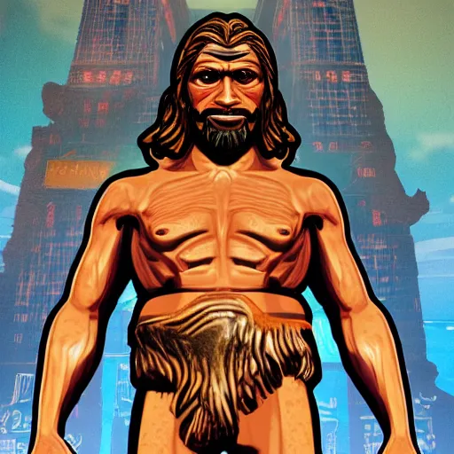 Image similar to saint homo neanderthalis with science bible on hand, gta chinatown art style, bioshock infinite art style, sharp focus hyperrealistic, rgba colors, remove duplicate content, justify contents center.