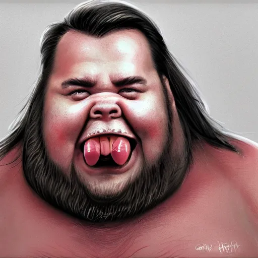 Image similar to portrait of a half fatman half pig with long hair tied in a ponytail, light stubble with red shirt eats kebab ,digital art,photorealistoc,art by greg rutkowski,hyperdetailed,western comic style,comic,comic style,sharp lineart,professional lighting,deviantart,artstation,trevor henderson,rossdtaws,cinematic,dramatic
