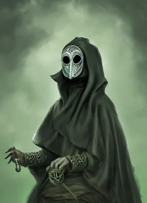 Image similar to a highly detailed illustration of plague doctor mask wearing woman, eerily floating with cape in the wind pose, surrounded by green mist, intricate, elegant, highly detailed, centered, digital painting, artstation, concept art, smooth, sharp focus, league of legends concept art, WLOP