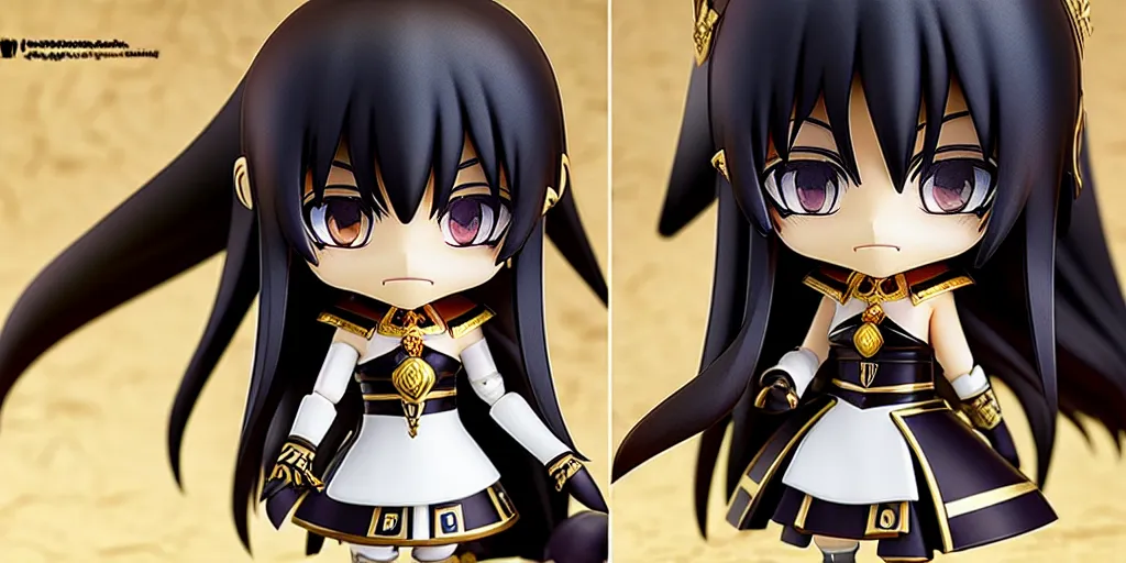 Prompt: nendoroid eyes kawaii chibi female pharao, darklong hair, egyptian crown, stained glass, style of maple story, detailed, custom