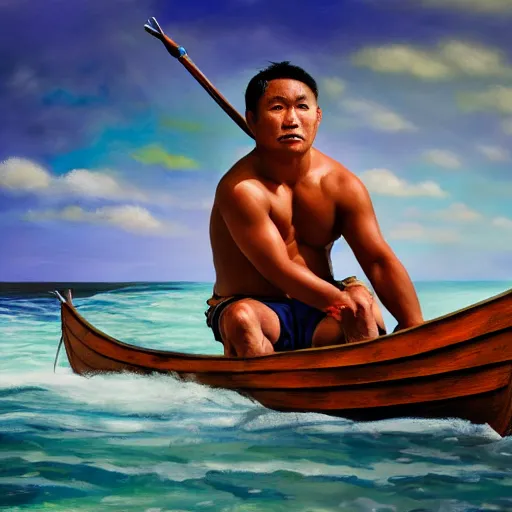 Image similar to a pacific islander warrior on a boat painting, 4 k, hyper realistic, dslr, high resolution, landscape, beautiful