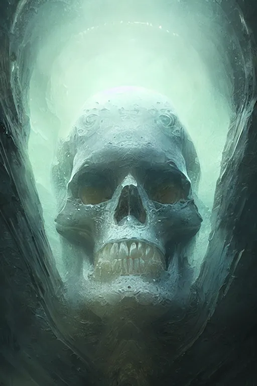 Image similar to atlantis skull, close - up portrait, powerfull, intricate, elegant, volumetric lighting, scenery, digital painting, highly detailed, artstation, sharp focus, illustration, concept art, ruan jia, steve mccurry