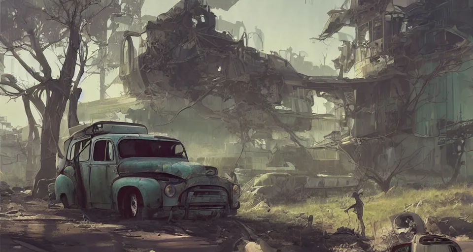Prompt: fallout 5, rural wastelands, small settlements, abandoned retro futuristic vintage car and truck, buses, overgrown ruined houses, trees run rampant, illustration, perfectly shaded, oft painting, art by krenz cushart and wenjun lin