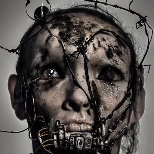 Image similar to a dark occult cyberpunk ritual of wires broken skulls skin and decay, moody, hyperrealism, 8 k photo, atmospheric