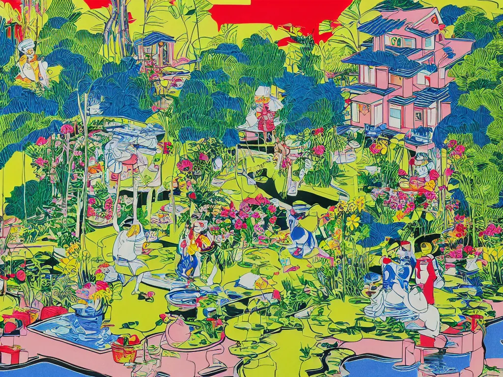 Image similar to close - up image of a house with a garden, a pond in the garden, startroopers are sitting around it, a combination of pop art and traditional japanese painting styles, the style of andy warhol, roy lichtenstein and jackie tsai, bright palette, acrylic on canvas