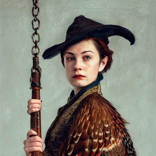 Image similar to a pheasant is girded with a belt, a sword hangs on the belt, by lily seika jones , rivuletpaper art, top cinematic lighting, cinematic mood, very detailed, shot in canon, by Viktor Vasnetsov, oil painting, harsh fairy tale, soft style, hyperrealism, beautiful, high resolution, trending on artstation,