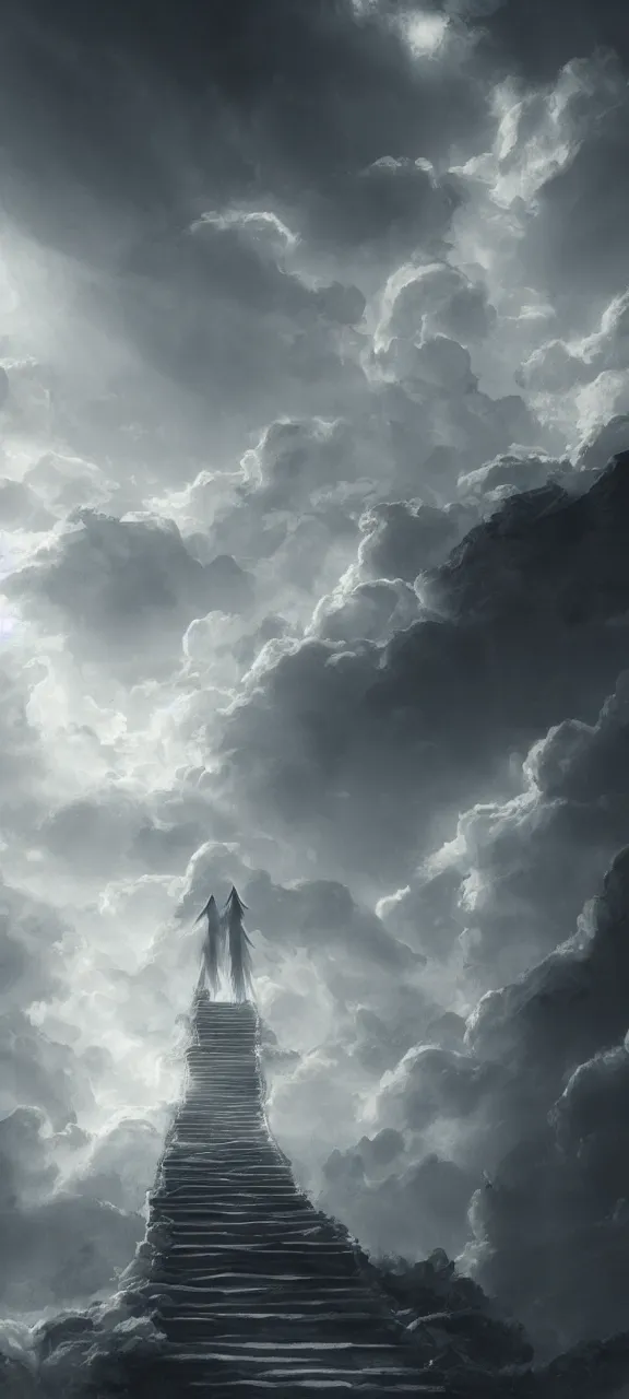 Image similar to stairway to heaven angels ascending artstation ethereal atmospheric epic clouds rays concept art