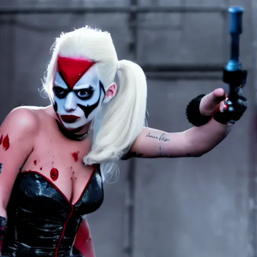 Image similar to Lady gaga as real-life Harley Quinn, cinematic, Wide-shot, atmospheric lighting, directed by Ti West, extreme detail, 8K, movie still