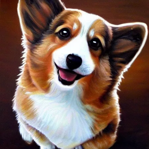 Prompt: corgi realistic painting, happy, cute, smiling