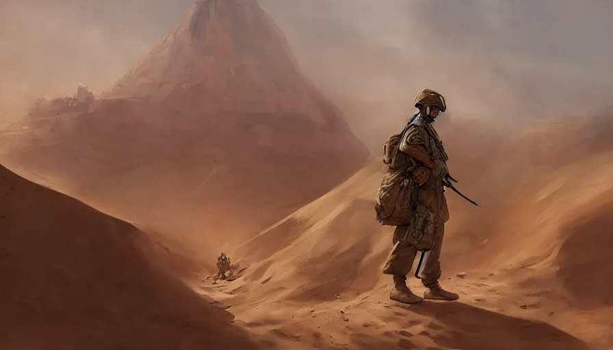 Image similar to beautiful digital painting of a soldier in a trench waiting for the war to end, in the sahara desert. cinematic lighting, atmospheric, concept art by artgerm and greg rutkowski,,