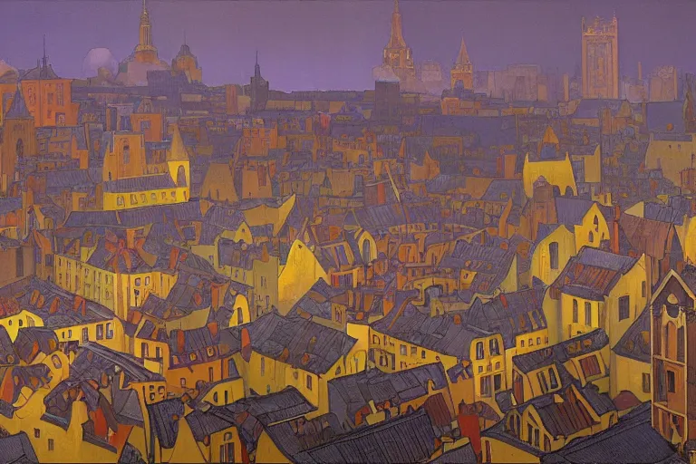 Prompt: view of the old grey city and its winding streets still wet after a storm, tall windows lit up, beautiful ornamental architecture, dramatic cinematic lighting, rich colors, by Nicholas Roerich and William Dyce and ford madox brown and April Gornik and Sylvain Sarrailh and Ludwig Deutsch and Diego Rivera, featured on artstation