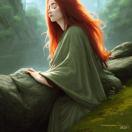 Image similar to wide angle, cloaked woman, sleeping on rock in river, white green brown blue color palette, eyes closed, forest, female, d & d, fantasy, intricate, elegant, highly detailed, long red hair, digital painting, artstation, octane render, concept art, matte, sharp focus, illustration, hearthstone, art by artgerm, alphonse mucha johannes voss