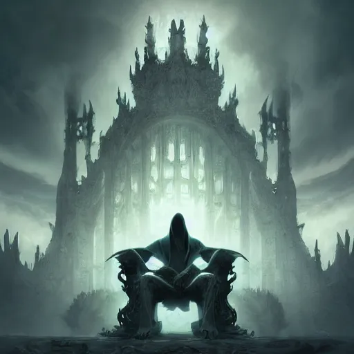 Image similar to A digital intricate illustration concept art of grim reaper god sitting on giant majestic throne inspired art by Renato muccillo and Andreas Rocha and Johanna Rupprecht + dofus colors, wakfu colors + symmetry + natural volumetric lighting, realistic 4k octane beautifully detailed render, 4k post-processing, intricate complexity, epic composition, magical atmosphere, highly detailed, cinematic lighting + masterpiece, trending on artstation + symmetry